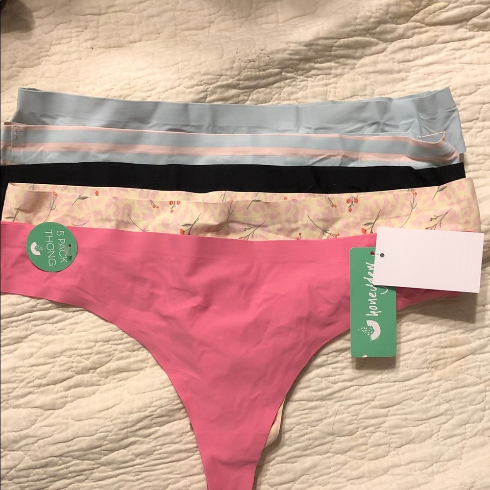 Honeydew Intimates 5-pk 
Thong Set - Pink, Lt Blue, Black, Floral, blue stripe